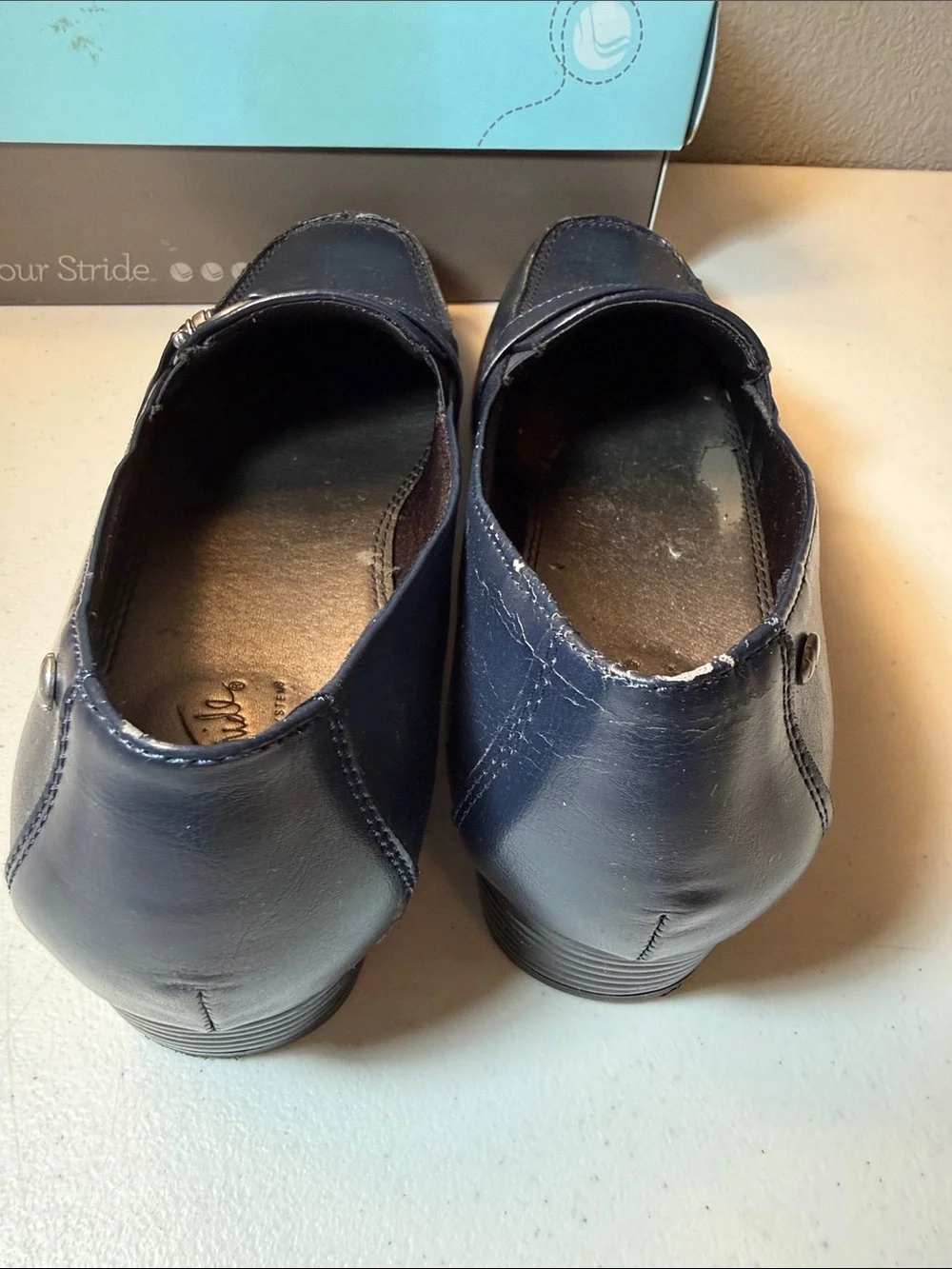 Life Stride Navy Leather Slip-On Loafers. Shoes do have some peeling inside.